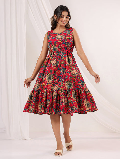 Janasya Women's Pink Pure Cotton Floral Printed Fit & Flare Dress